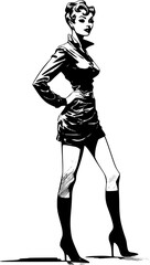 Woman portrait in hand drawing or engraving style. 60s styled beautiful comic book character in black and white.
