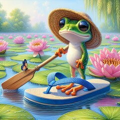 A whimsical frog stands on a sandal rowing with an oar and butterfly surrounded by pink water lilies - 801413560
