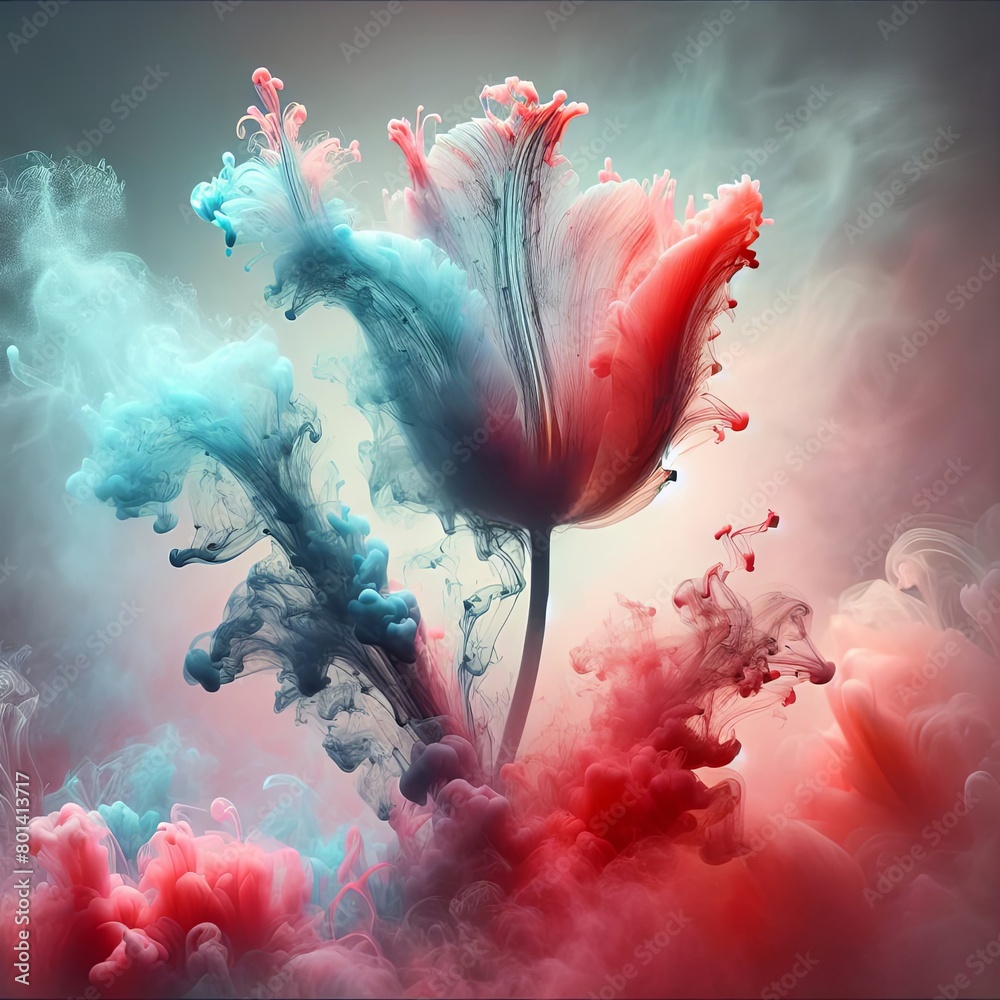 Poster A vibrant tulip appears to be blending into swirling clouds of blue and red smoke creating an ethereal composition - Posters