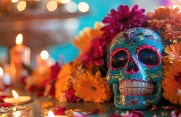 Vibrant Day of the Dead Sugar Skull and Flowers With Candles on an Altar