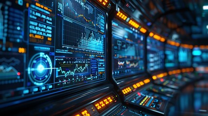 Obraz premium Visualize a high-tech financial command center, where multiple screens pulse with rising stock graphs in cool blue tones.