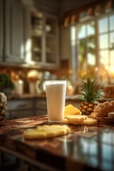 Tall glass of yogurt with pineapple and breakfast pastries on a wooden kitchen counter, softly illuminated by morning light - obrazy, fototapety, plakaty