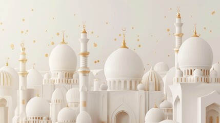 Elegant illustration of a stylized white and gold Islamic cityscape with detailed domes and minarets.