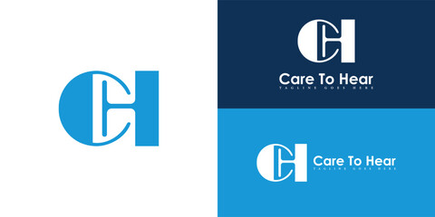 Abstract initial letter CH or HC logo in blue color isolated on multiple background colors. The logo is suitable for hearing aid clinic business icon logo design inspiration templates.