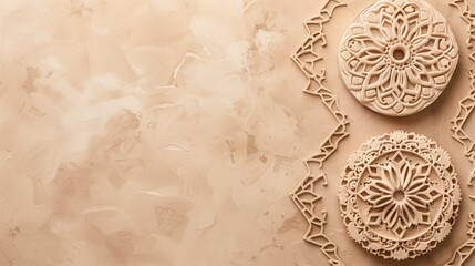 Elegant cream-colored ornamental plaster artwork with intricate arabesque designs on a textured background.