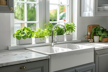 Bright large deep blue kitchen with marble counter.