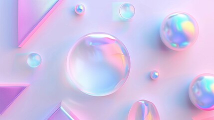 Abstract image featuring iridescent bubbles and geometric shapes on pastel-pink background.