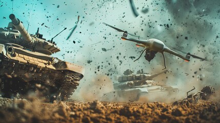 A drone drops a bomb on a tank. WAR. Low angle view. Explosive strike on armored target.