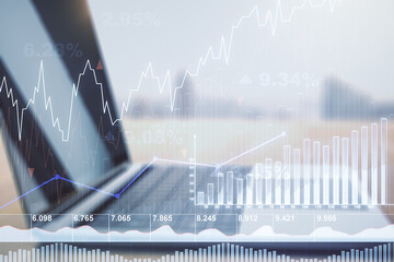 Multi exposure of abstract creative financial chart on computer background, research and analytics concept