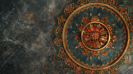 Intricate ornamental design with gold and red details on a textured dark background.
