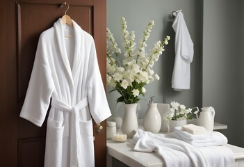 A white bathrobe hanging on a door, with a vase of white flowers and other bathroom accessories in the background