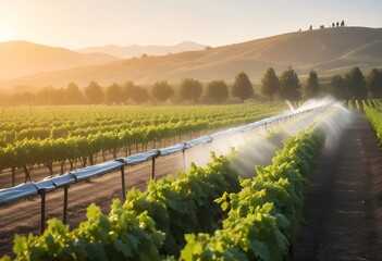 A green vineyard with rows of grape vines being watered by an irrigation system at sunset