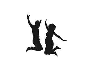 young couple friends jumping silhouettes. People holding hands in a jump vector. Illustration of people jumping silhouettes. Vector silhouette of woman jumps on white background. black and white.