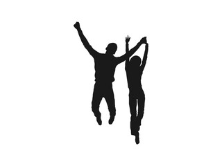 young couple friends jumping silhouettes. People holding hands in a jump vector. Illustration of people jumping-silhouettes. Cheerful man and woman isolated. Jumping friends colorful background.