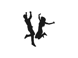 young couple friends jumping silhouettes. People holding hands in a jump vector. People jumping, friends man and woman set. Vector silhouette of woman jumps on white background. black and white.