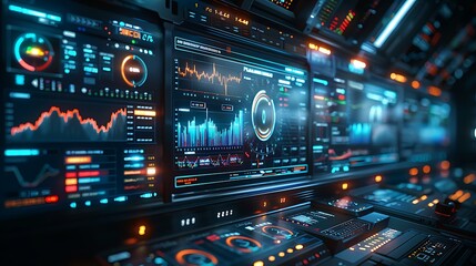 Fototapeta premium A futuristic financial dashboard featuring a sophisticated array of multiple screens displaying rising stock graphs in various shades of blue.
