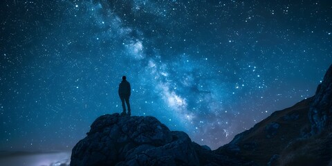 Silhouette of a solitary explorer admiring the breathtaking Milky Way galaxy on a starry night in...