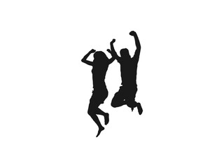 young couple friends jumping silhouettes. People holding hands in a jump vector. People jumping, friends man and woman set. Vector silhouette of woman jumps on white background. black and white.