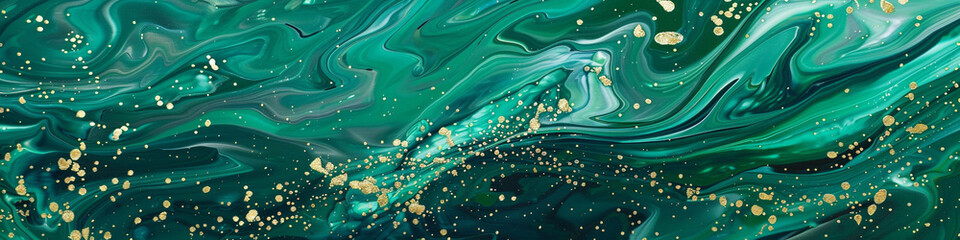 Vibrant jade marble ink swirls enchantingly over a whimsical abstract scene, shimmering with luminous glitters.