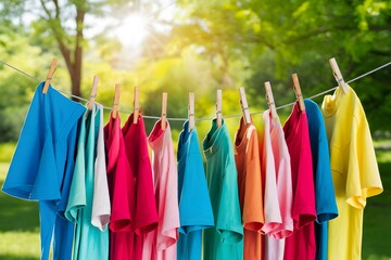 Brightly colored t shirts on a clothesline outside, hanging from wooden clothespins in sunlight
