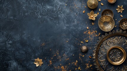 Elegant dark blue textured background adorned with ornate golden dishes and scattered spices.