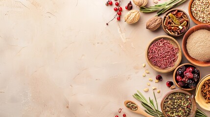 Assorted dried grains and spices in wooden bowls on a textured beige background, viewed from above.