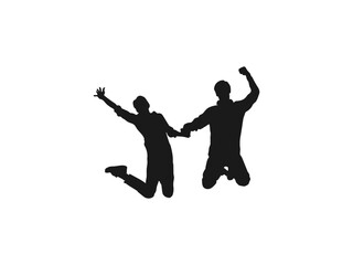 young couple friends jumping silhouettes. People holding hands in a jump vector. Illustration of people jumping-silhouettes. Cheerful man and woman isolated. Jumping friends colorful background.