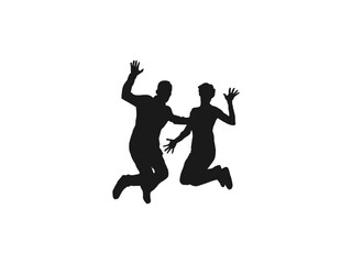 young couple friends jumping silhouettes. People holding hands in a jump vector. Illustration of people jumping silhouettes. Vector silhouette of woman jumps on white background. black and white.