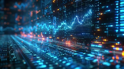 Fototapeta premium A striking display of the economic pulse with a monitor-style blue line that spikes dramatically upwards, evolving into a digital arrow, set against a backdrop of fluctuating stock market numbers