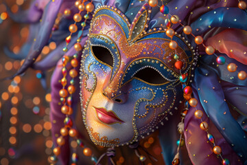 A whimsical Mardi Gras mask with playful patterns, bold colors, cascading beads, and a dreamlike background, evoking a surreal and enchanting atmosphere.