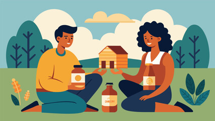 Fototapeta premium A young couple sit in their backyard admiring the handcrafted labels on their bottles while they discuss new recipes for their next batch..