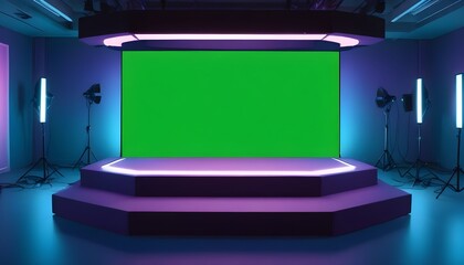 A large green screen in a studio setting with blue and red lighting