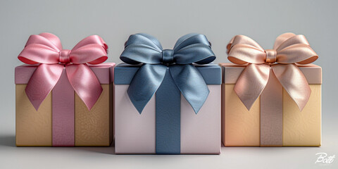 Collection Set of Gift Boxes with Colored Paper and Ribbon Bow, on White Background