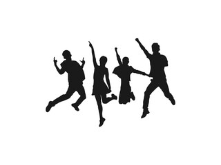 Happy jumping people silhouettes. People holding hands in a jump vector. Illustration of people jumping-silhouettes. Cheerful man and woman isolated. Jumping friends colorful background.