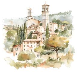 Obraz premium Idyllic watercolor landscape of a hilltop village