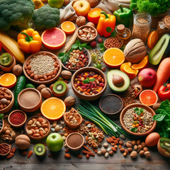 Health food for fitness concept with fruit, vegetables, pulses, herbs, spices, nuts, grains and pulses. High in anthocyanins, antioxidants, smart carbohydrates, omega 3, minerals and vitamins