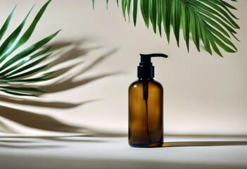 'dark product oil glass serum Presentation leaves palm cream shadow Layout salon amber cosmetic background lotion Reusable tropical beauty beige bottle poduim container'