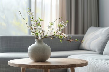 Close up of ceramic vase with blossom twigs on round wooden coffee table.