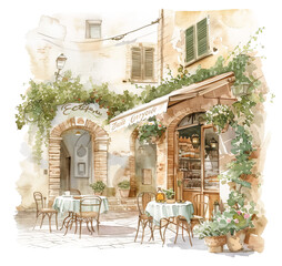 Cozy Italian street cafe watercolor painting