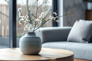 Close up of ceramic vase with blossom twigs on round wooden coffee table. - Powered by Adobe
