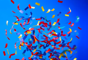A close-up of colorful confetti against a blue background