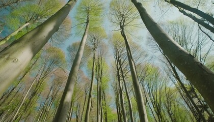 forest of tall beech trees in early spring low angle shot fresh green leaves