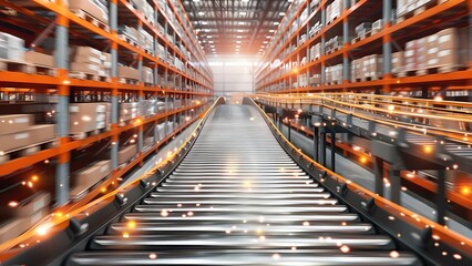 Streamlined conveyor belt system enhances warehouse operations for effective inventory management. Concept Warehouse Operations, Conveyor Belt System, Inventory Management, Effective Processes