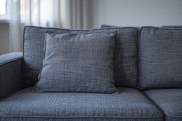 Close up of grey sofa. Scandinavian home interior design.