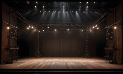 An empty stage with a wooden floor, surrounded by metal scaffolding and lighting equipment, with a dark background creating a theatrical atmosphere.