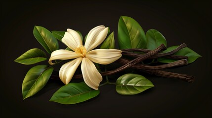 Illustration of a creamy white magnolia flower with shiny green leaves and dark brown vanilla pods on a dark background.