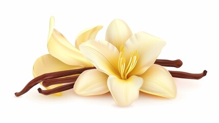 Illustration of a yellow lily flower and brown vanilla pods on a white background.