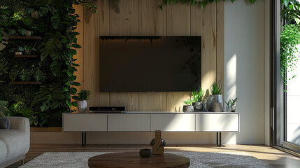 Warm, inviting living room interior design, with natural wood, plants, and a large TV.