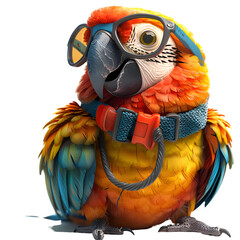 A 3D animated cartoon render of a friendly parrot cautioning beach-goers about strong currents.