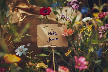 "Hello June", welcome to the month of june! photographed with a polaroid camera, flowers around it, written on cardboard Generative AI